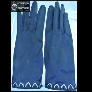 VINTAGE BLACK WRIST LENGTH SATIN V RHINESTONES TRIMMED BUTTON SMALL KAY GLOVES